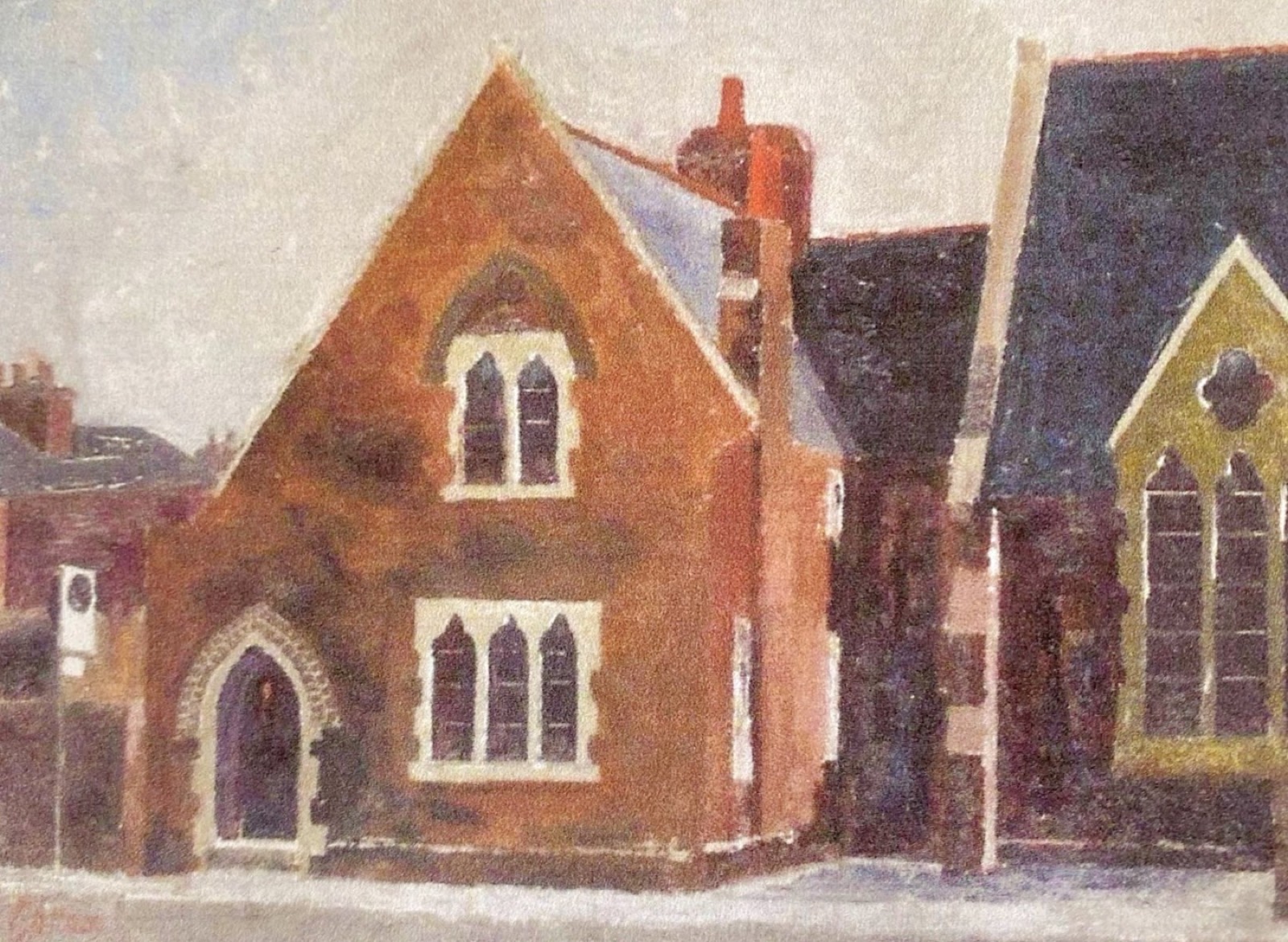 A painting of the Victorian red-brick school on Queen Square, with gothic arched windows and a pointed doorway
