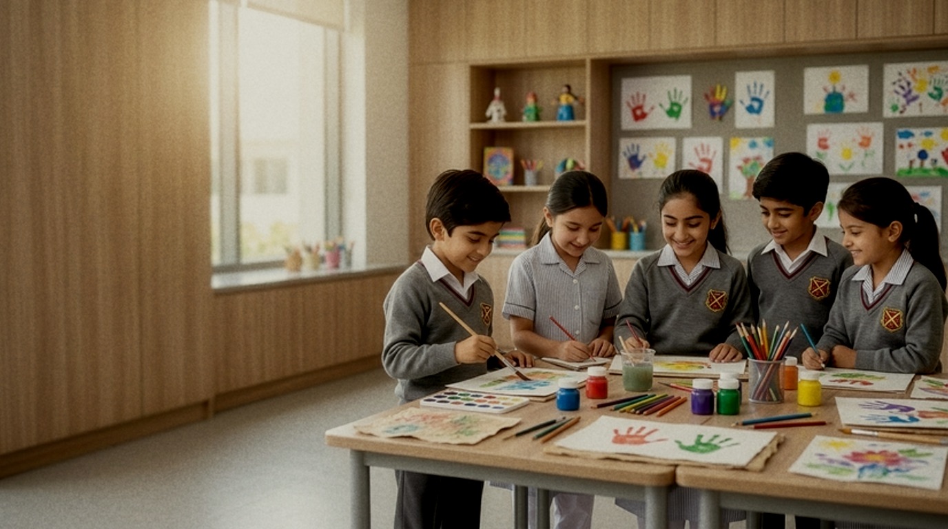 Pupils painting at tables in a bright art room