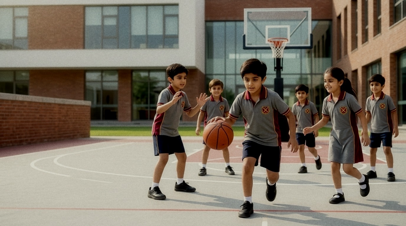 Pupils playing basketball on the outdoor court