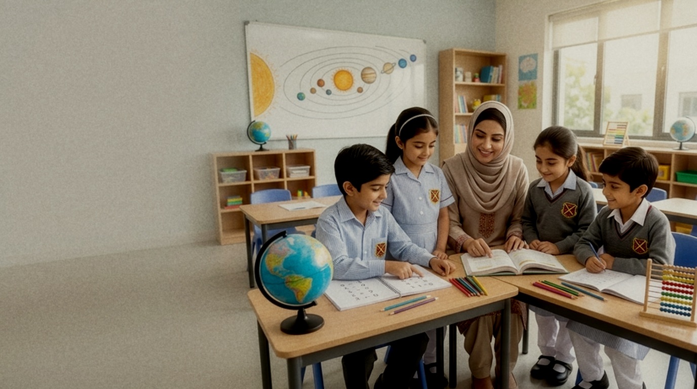 A teacher working with a small group of pupils around a table with a globe and exercise books