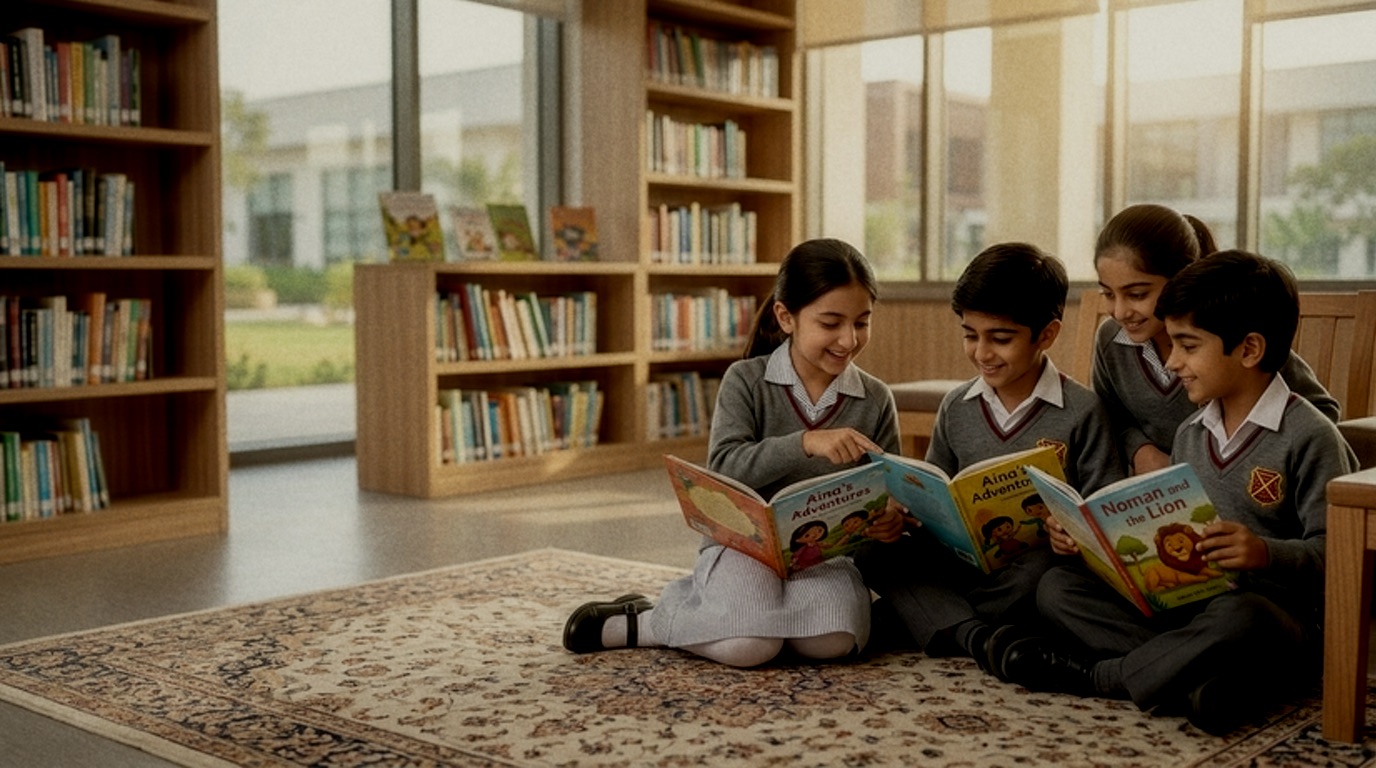 Pupils sitting on a rug in the library, reading picture books together
