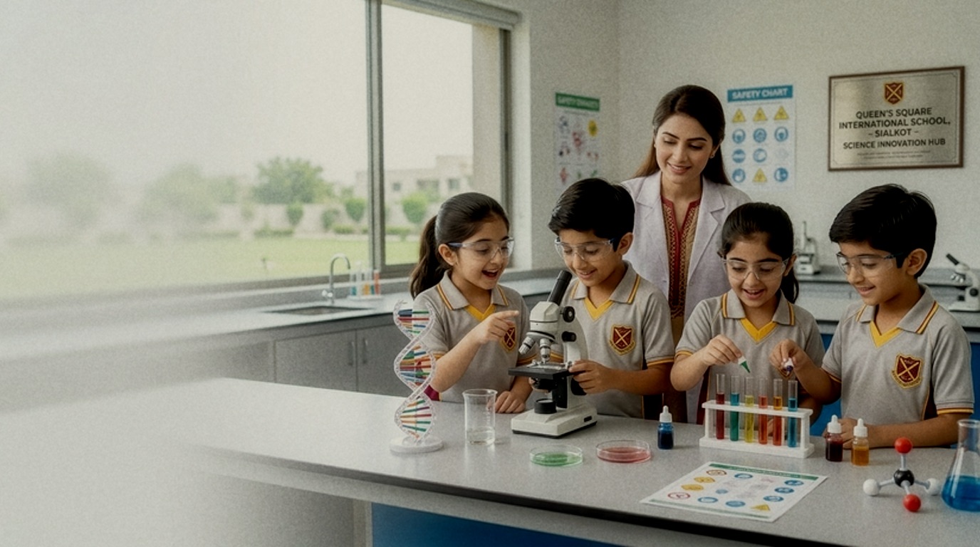 Pupils in safety glasses looking through a microscope in a science lab, with their teacher