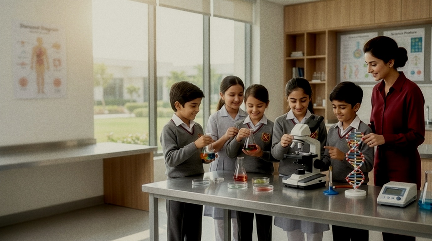 Pupils working with a microscope and a model of DNA in a science lab, with their teacher